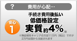 費用が心配･･･　安心１ 手続き費用後払い 低価格設定実質約4％ ※無症候性キャリアの方は11万円（税込）ですが2万円は国から支給されます。