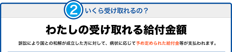 いくら受け取れるの？ わたしの受け取れる給付金額 訴訟により国との和解が成立した方に対して、病状に応じて予め定められた給付金等が支払われます。B型肝炎給付金の一覧