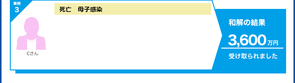 事例３　死亡　母子感染 和解の結果 3,600万円受け取られました