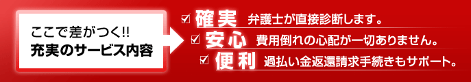 確実:弁護士が直接診断します。安心:費用倒れの心配が一切ありません。便利:過払い金返還請求手続きもサポート