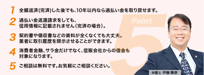 1.全額返済(完済)した後でも、10年以内なら過払い金を取り戻せます。2.過払い金請求をしても、信用情報に記載されません。3.契約書や領収書などの資料が全くなくても大丈夫。業者に取引履歴を開示させることができます。4.消費者金融、サラ金だけではなく信販会社も対象になります。5.ご相談は無料です。お気軽にご相談ください。