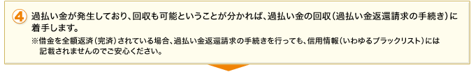 4.過払い金が発生しており、回収も可能ということが分かれば過払い金の回収(過払い金返還請求の手続き)に着手します。なお、借金を全額返済（完済）されている場合、過払い金返還請求の手続きを行っても、信用情報（ブラックリスト）には掲載されませんのでご安心ください。