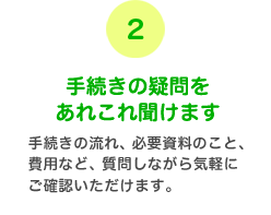 2 手続きの疑問をあれこれ聞けます　手続きの流れ、必要資料のこと、費用など、質問しながら気軽にご確認いただけます。